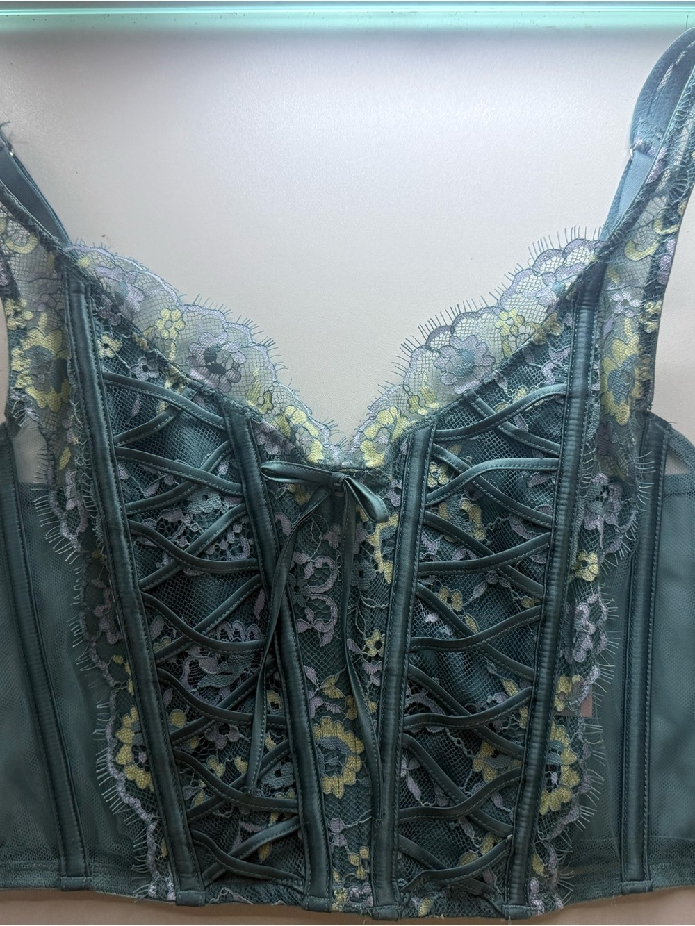 Victoria's Secret Teal Lace Corset Bustier with Yellow Floral Accents